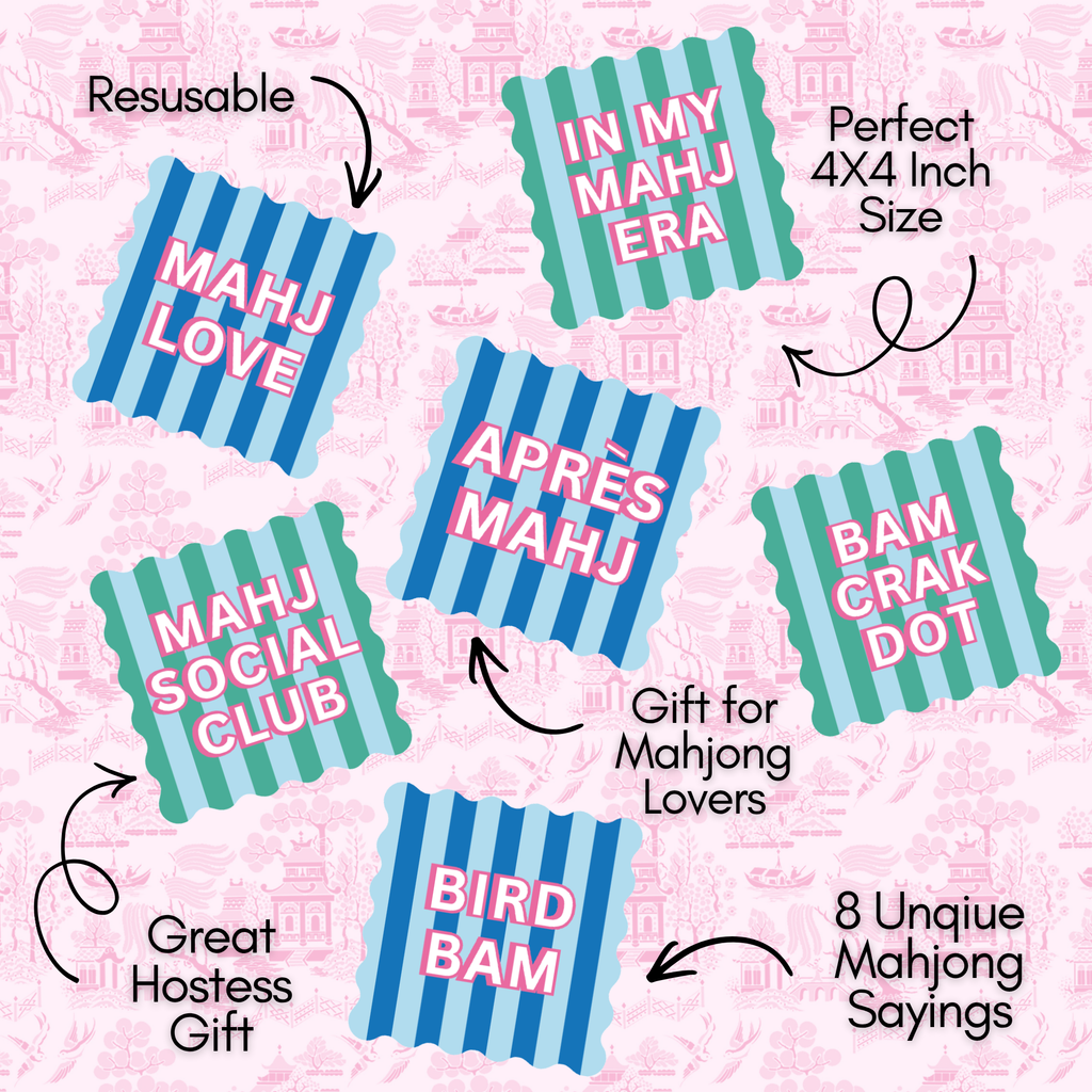 Mahjong Social Club Coaster Set | Set of 8 Funny Mahjong Coasters | Scalloped Cork Backed Drink Coasters | Mahjong Gift | Hostess Gift | Game Night Decor