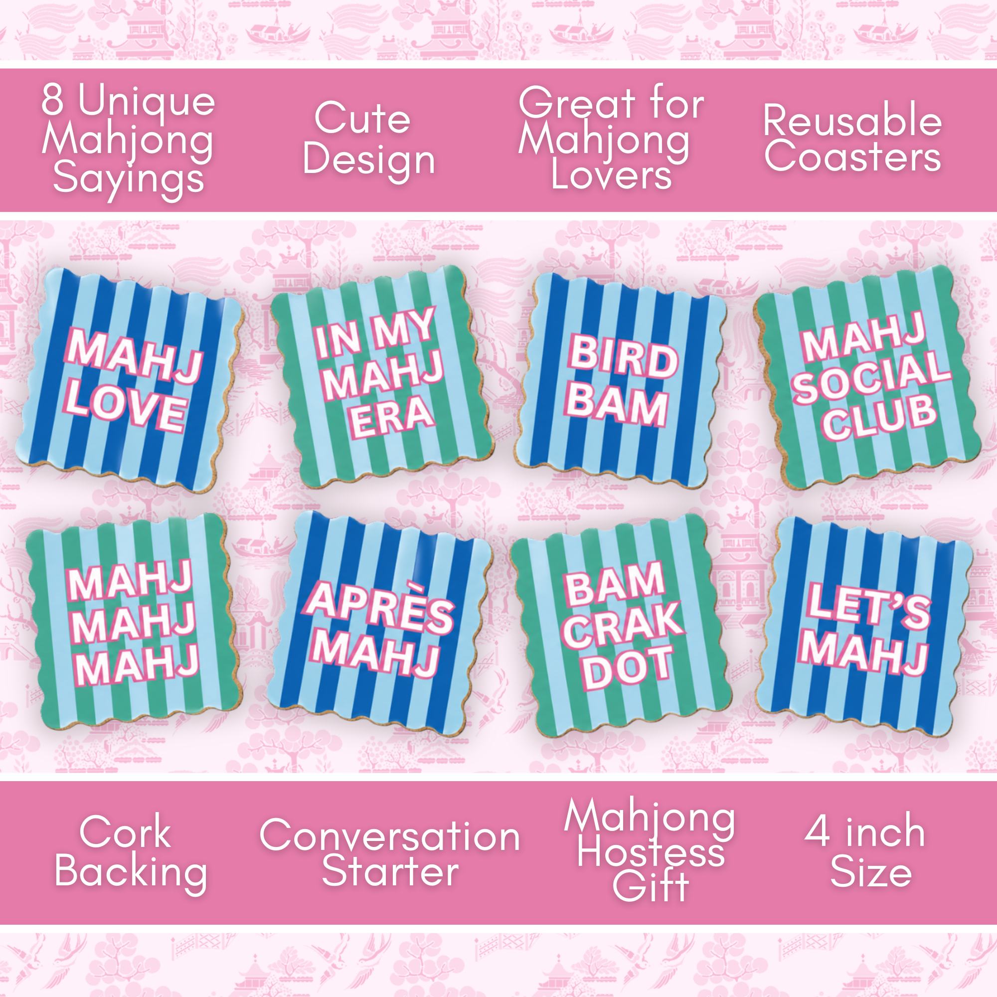 Mahjong Social Club Coaster Set | Set of 8 Funny Mahjong Coasters | Scalloped Cork Backed Drink Coasters | Mahjong Gift | Hostess Gift | Game Night Decor