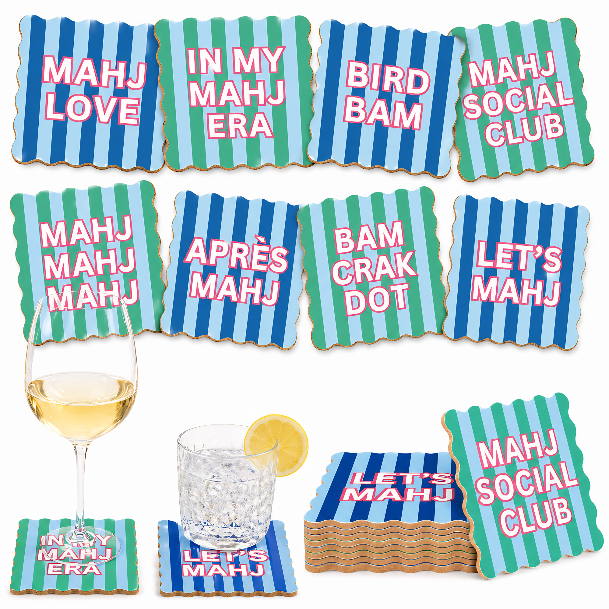 Mahjong Social Club Coaster Set | Set of 8 Funny Mahjong Coasters | Scalloped Cork Backed Drink Coasters | Mahjong Gift | Hostess Gift | Game Night Decor