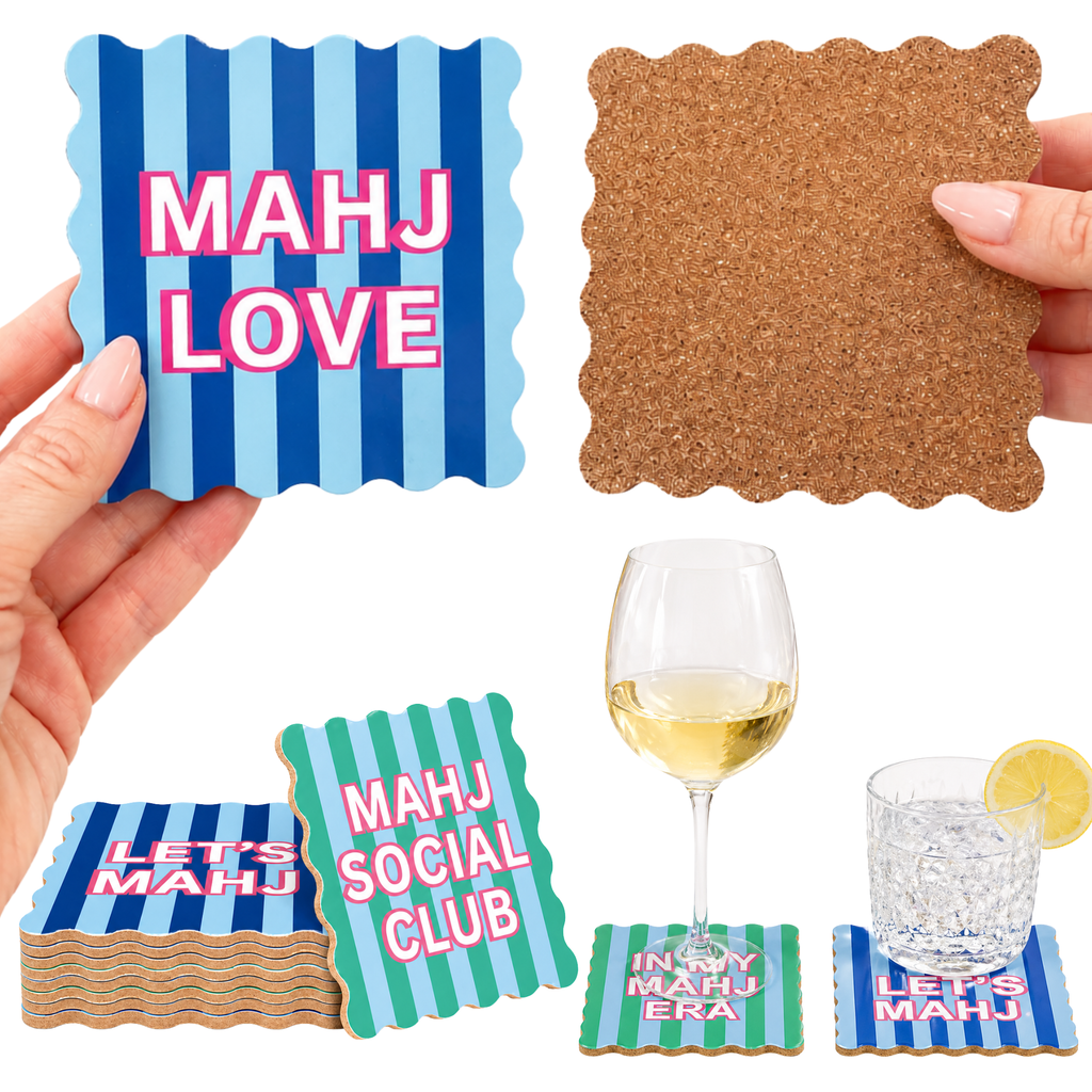 Mahjong Social Club Coaster Set | Set of 8 Funny Mahjong Coasters | Scalloped Cork Backed Drink Coasters | Mahjong Gift | Hostess Gift | Game Night Decor