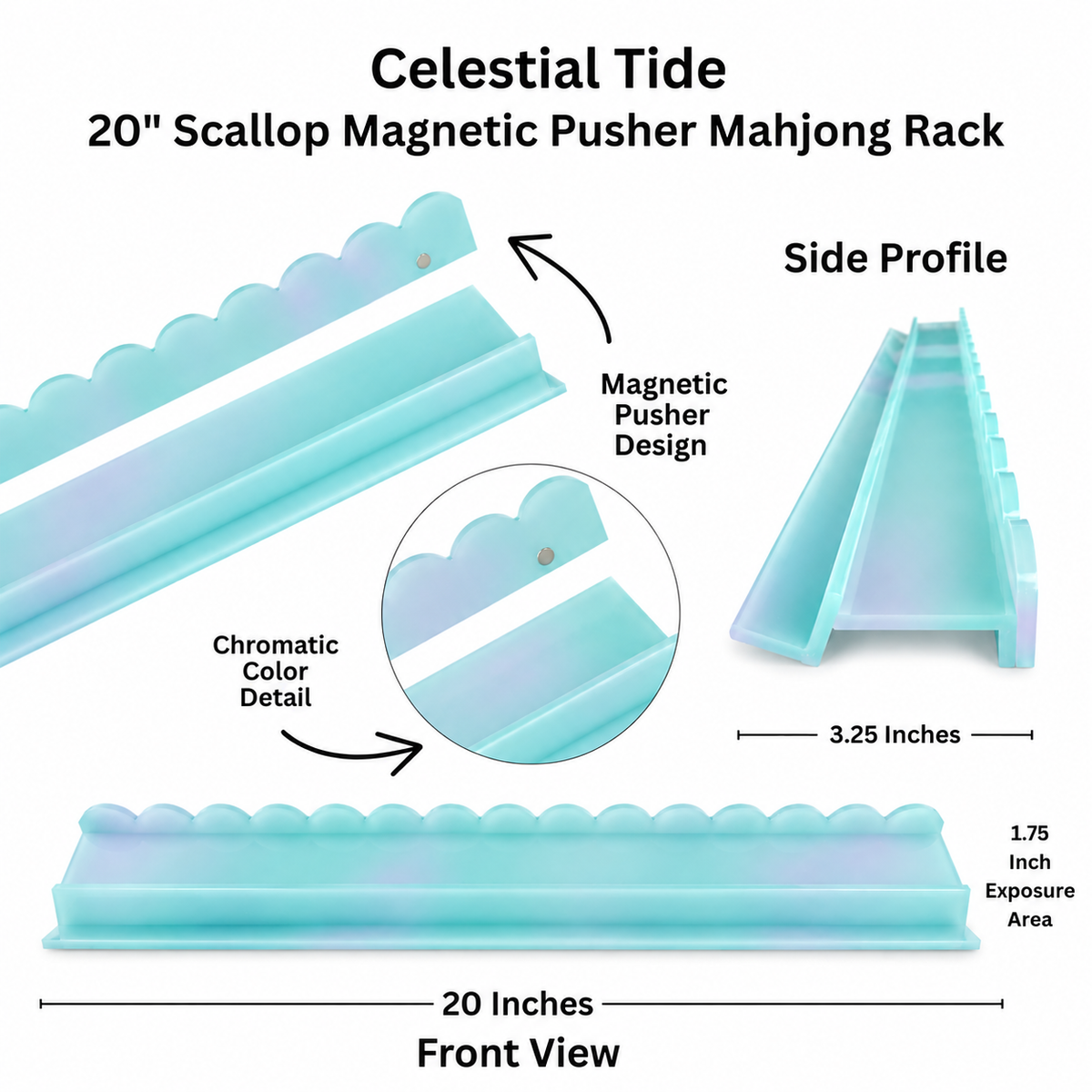 Mahjong racks with a 20-inch scalloped magnetic pusher named celestial tide, showing front, side profile, and circular detail views with text labels and dimensions on a white background.