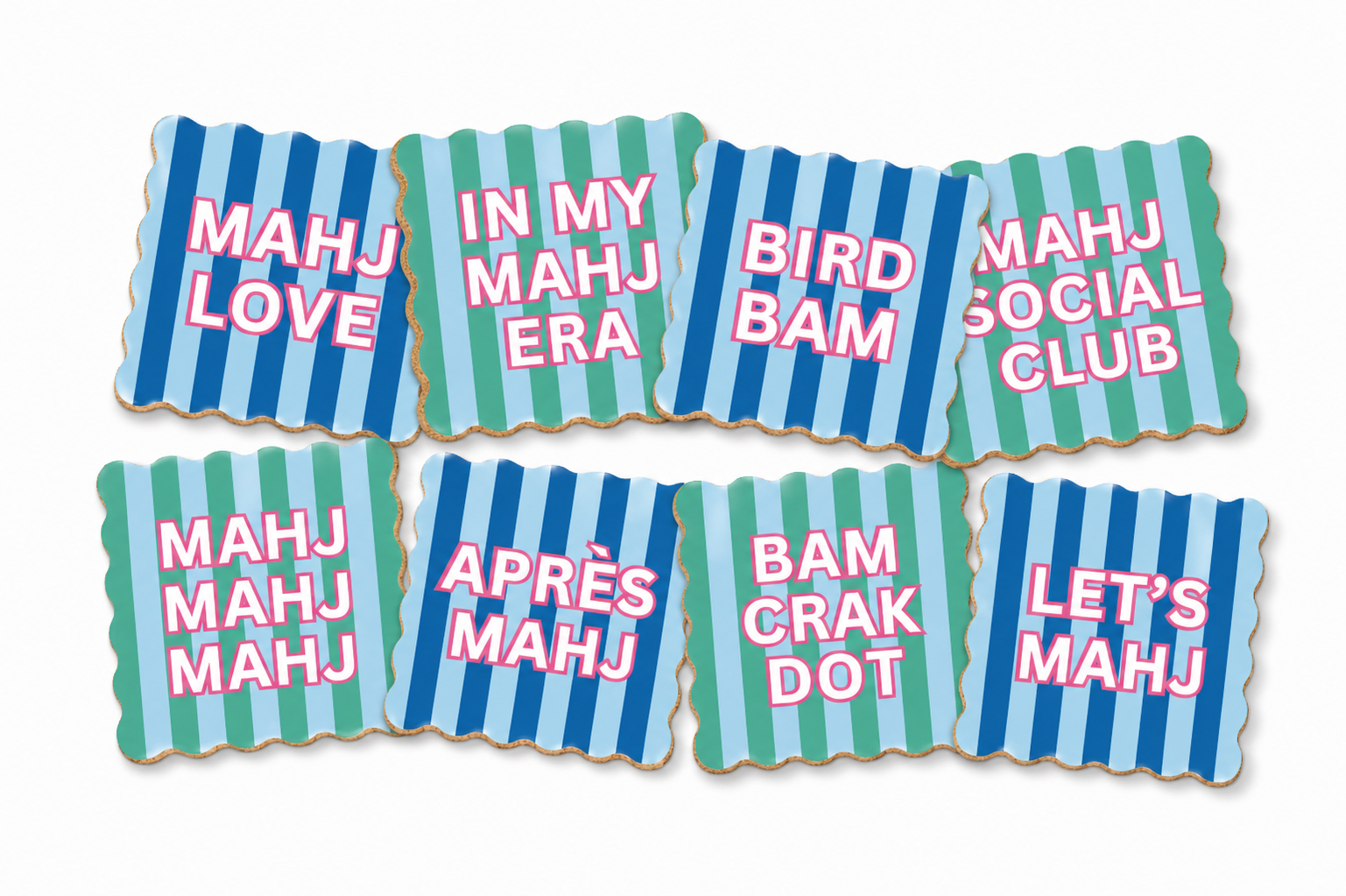Mahjong Social Club Coaster Set | Set of 8 Funny Mahjong Coasters | Scalloped Cork Backed Drink Coasters | Mahjong Gift | Hostess Gift | Game Night Decor