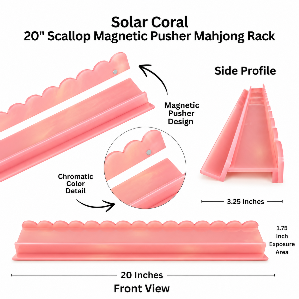 Mahjong racks with a 20-inch scalloped magnetic pusher in Solar Coral, showing front, side profile, and circular detail views with text labels and dimensions on a white background.