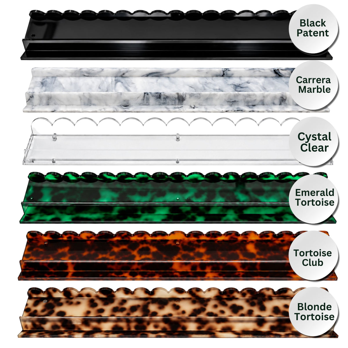Six rectangular acrylic Mahjong racks with scalloped or straight edges shown vertically in a color options layout. The trays include black, white and gray marble, clear, emerald tortoise green, tortoise brown, and blonde tortoiseshell.