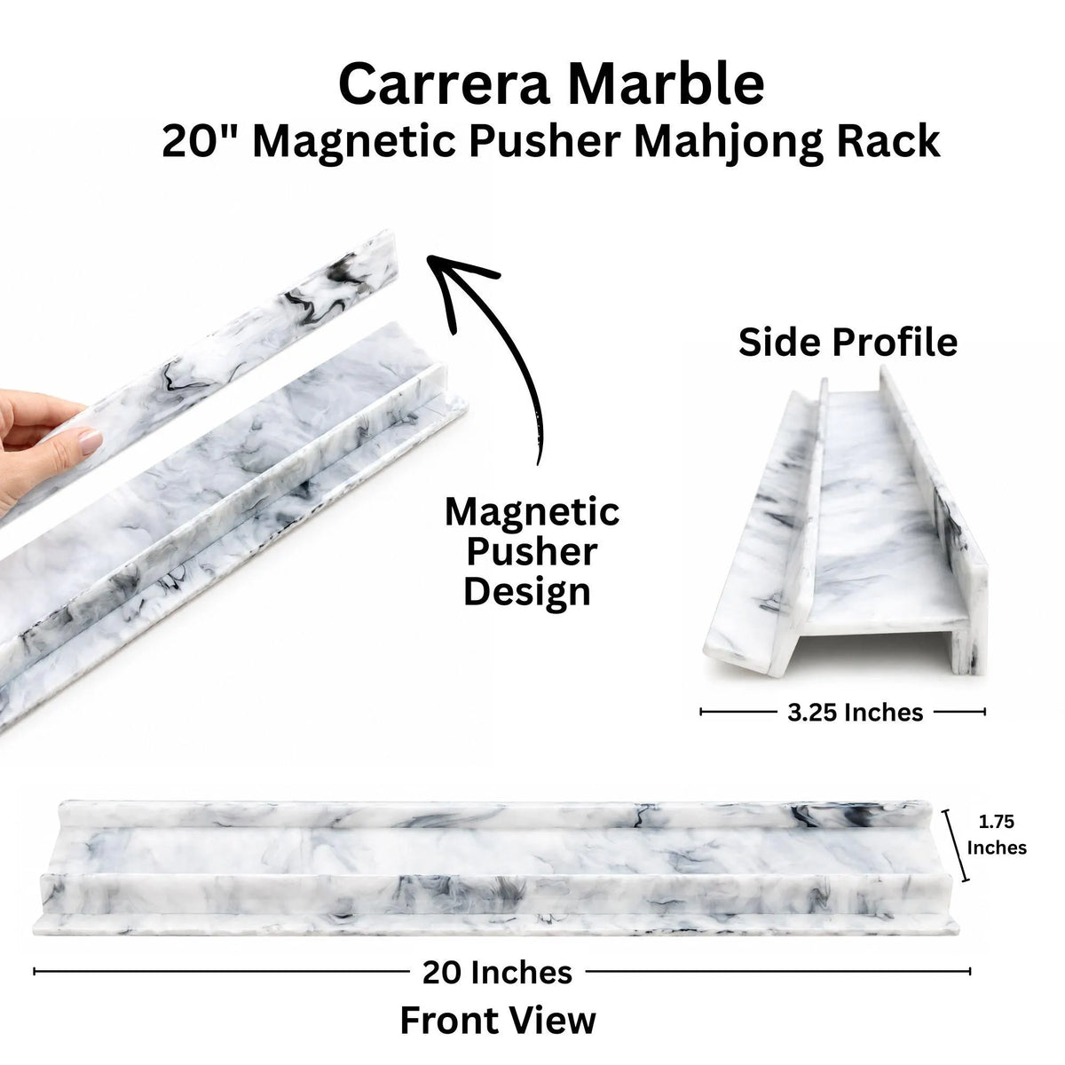 A white and gray Carrera Marble magnetic pusher mahjong rack shown with dimension labels, including front view, side profile, and a hand holding a piece to demonstrate the magnetic pusher design.