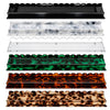 Six rectangular acrylic Mahjong racks with scalloped edges shown vertically in a color options layout. The trays include black, white and gray marble, clear, emerald green, amber-brown, and tortoiseshell patterns, all on a solid white background.