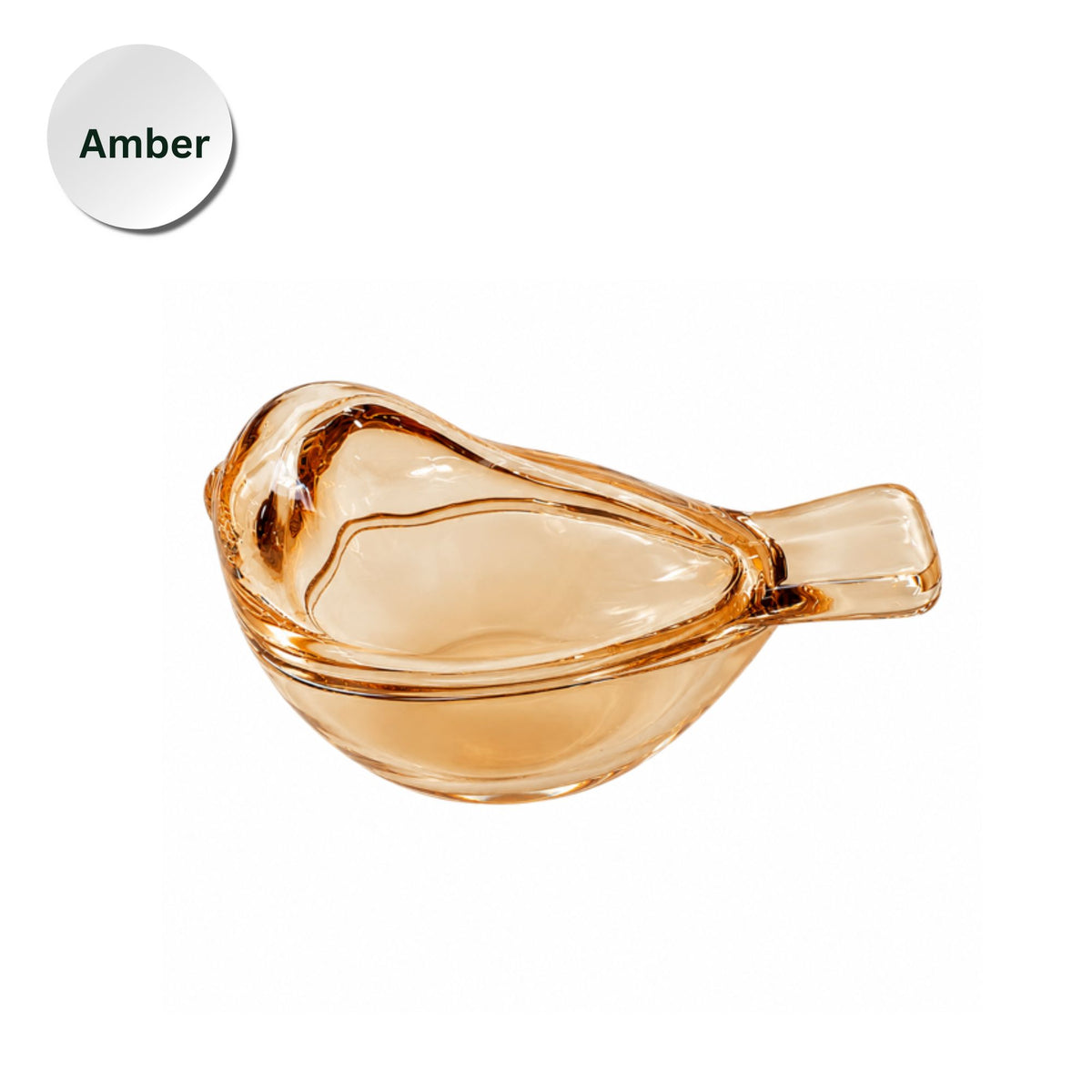 An amber-colored, bird-shaped glass dice dish shown on a white background with an 'Amber' color label in the top-left corner.