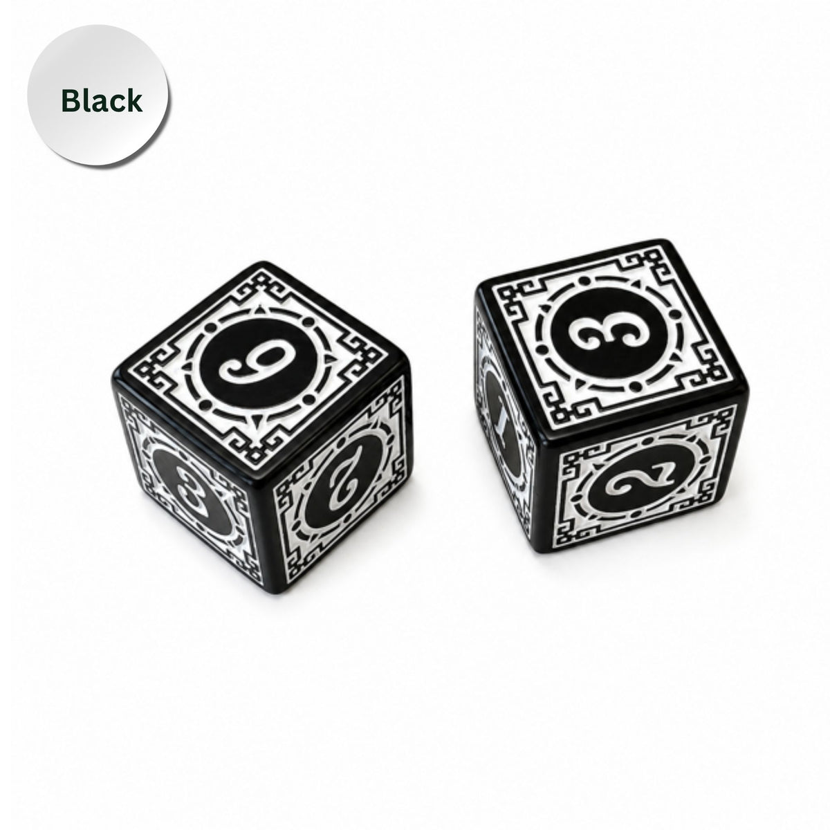 Two black and white square dice.