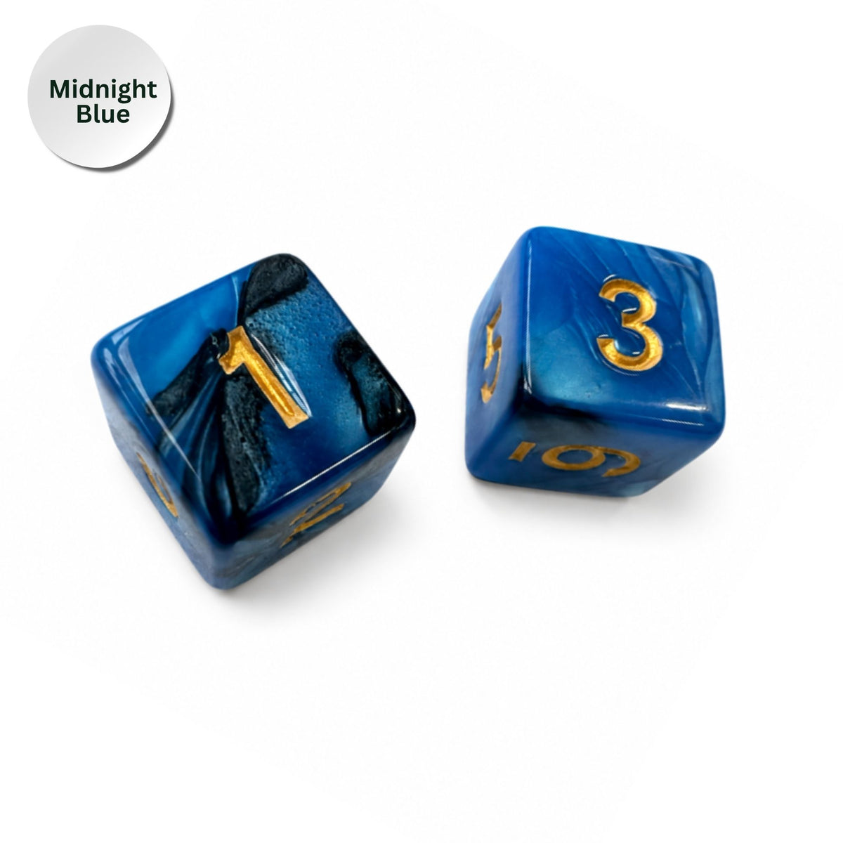 Two blue marbled polyhedral dice with gold numbering, shown on a white background with a circular 'Midnight Blue' label in the top-left corner.