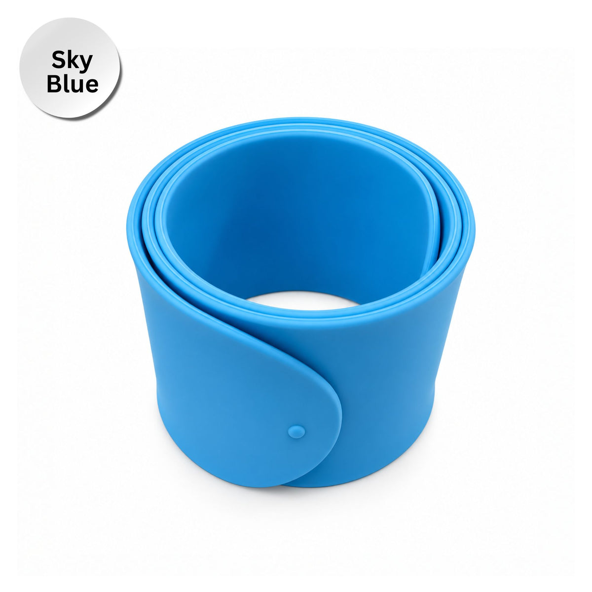 A rolled-up bright sky blue silicone mahjong mat holder on a white background, with a circular label in the top-left corner reading 'Sky Blue'.