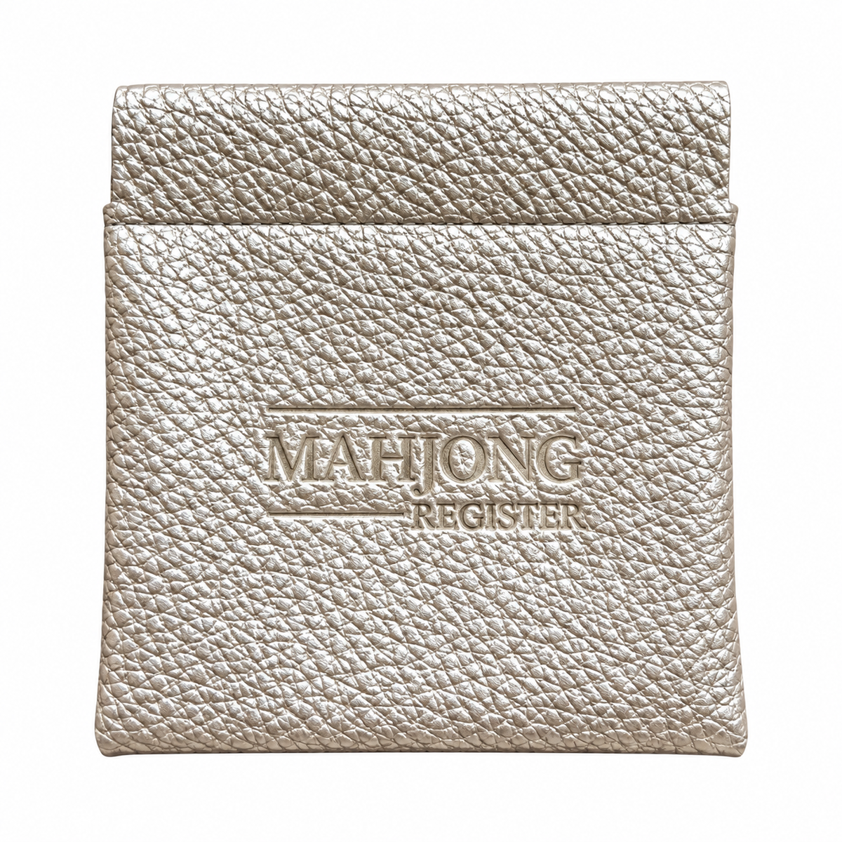 A square-shaped mahjong dice pouch with textured pebbled leather in a champagne gold color, featuring the embossed text 'MAHJONG REGISTER' on the front, set against a plain white background.