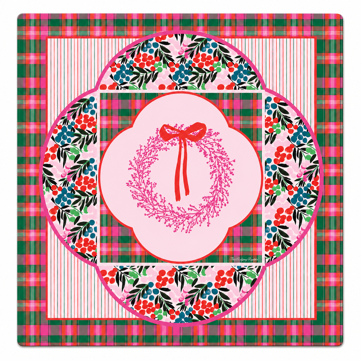 A square decorative print or tile featuring a layered holiday design: a central pale pink scalloped circle with a pink wreath and red bow, surrounded by floral garlands with red berries, green leaves, and blue accents, all over a pink, green, and white plaid background.