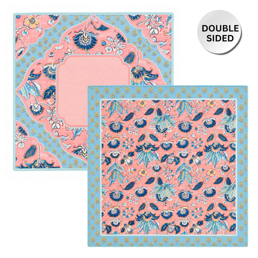 Two double-sided leather mahjong mats with a pink background, blue and navy floral motifs, and a light blue border, shown on a white background with a 'DOUBLE SIDED' badge.