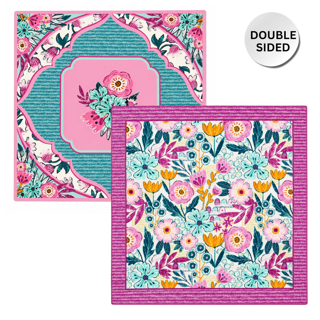 Two double-sided leather mats with vibrant floral and geometric patterns, displayed on a clean white background with a 'DOUBLE SIDED' badge.