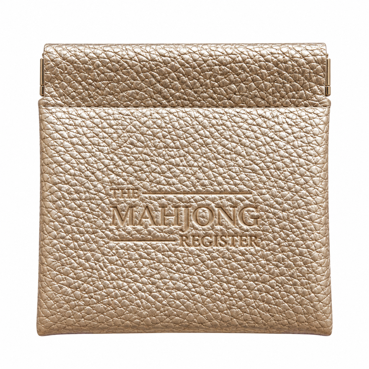 A metallic gold textured leather dice pouch with 'THE MAHJONG REGISTER' embossed on the front, set against a plain white background.