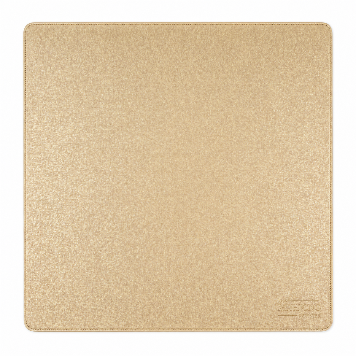 A square gold leather mahjong mat with rounded corners. The gold color and smooth leatherette surface create a polished backdrop for your game without competing with your tiles or racks.