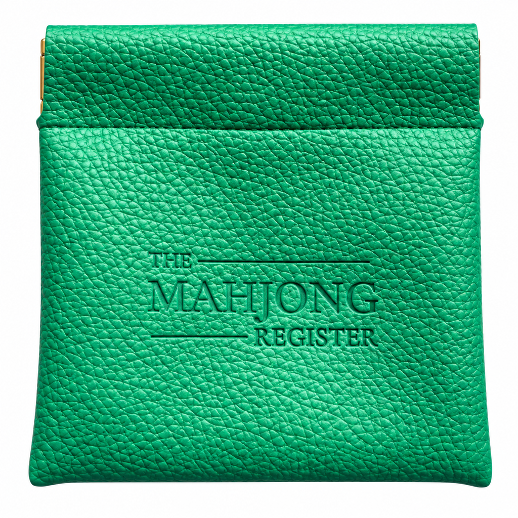 A bright green textured leather mahjong register pouch with 'THE MAHJONG REGISTER' embossed on the front, shown against a plain white background.
