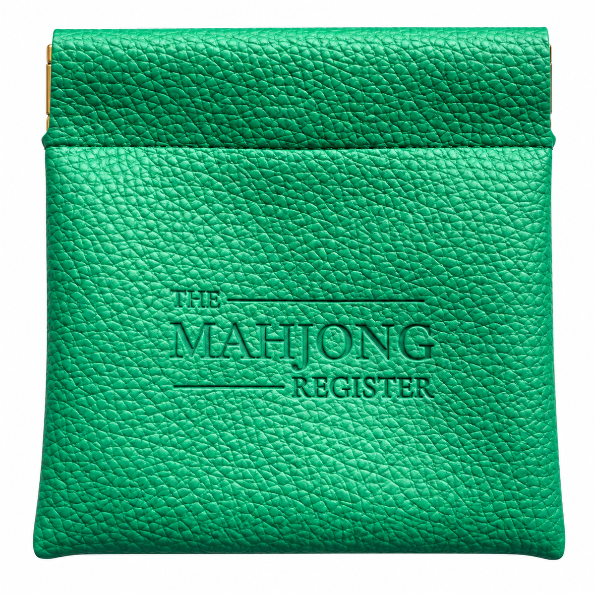 A bright green textured leather mahjong register pouch with 'THE MAHJONG REGISTER' embossed on the front, shown against a plain white background.
