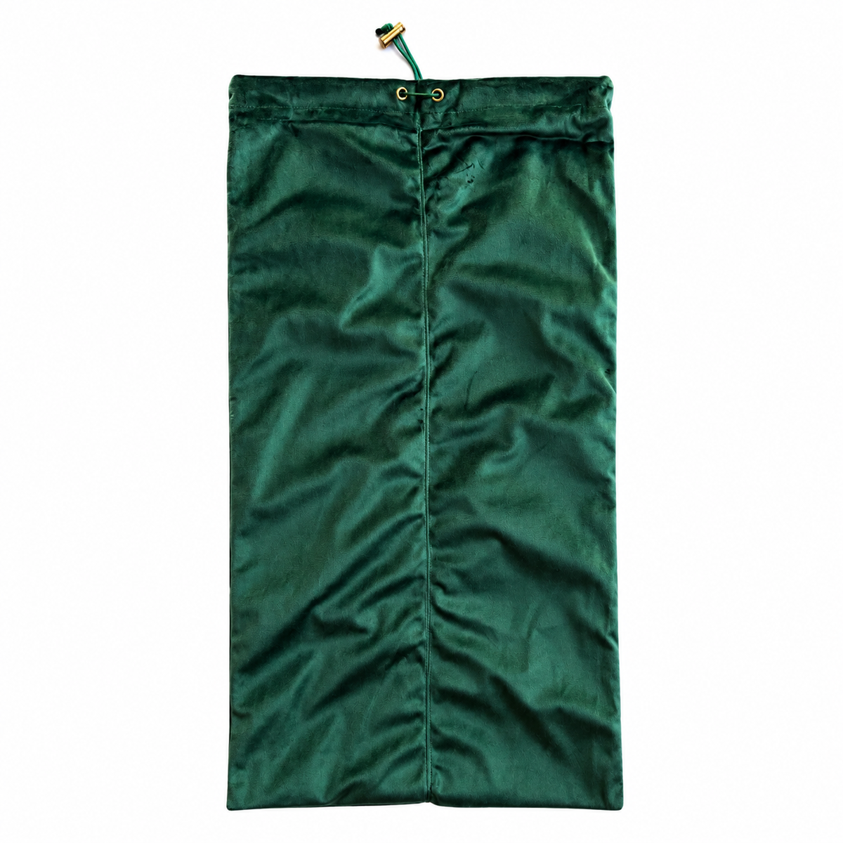 A dark green mahjong rack drawstring bag made of velvet, shown flat against a solid white background.