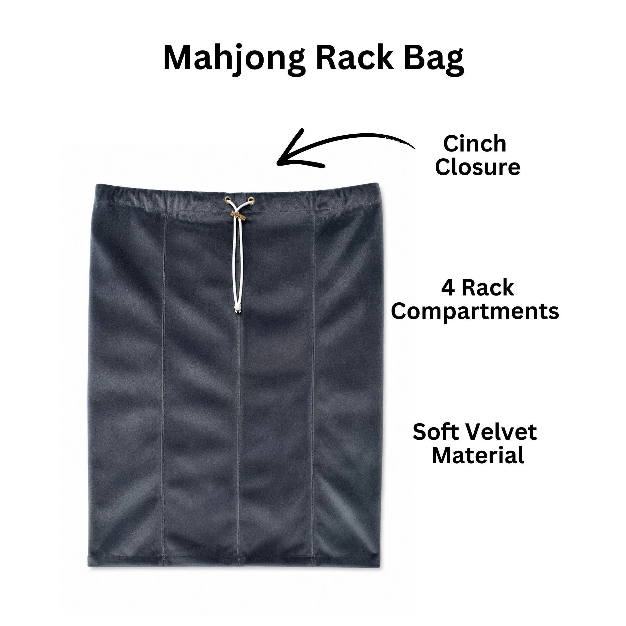 Grey Velvet Mahjong Rack Bag with 4 Compartments | Soft Plush Storage Bag for Mahjong Racks | Drawstring Travel Mahjong Bag