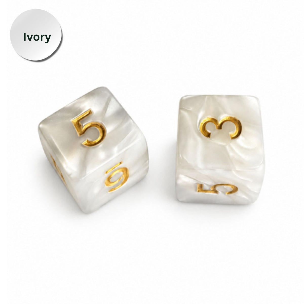 Two ivory pearl dice with gold-colored numbers, shown on a white background with an 'Ivory' color label in the top-left corner.