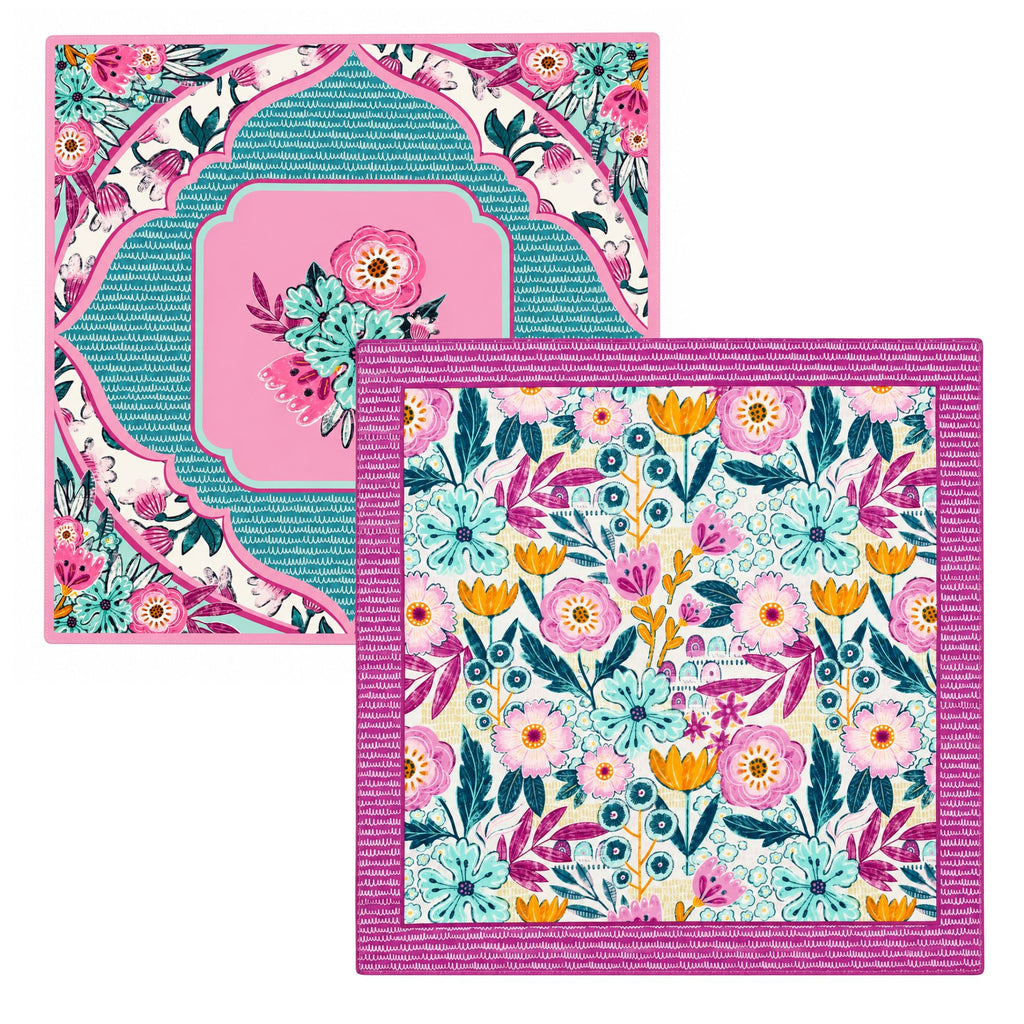 Mahjong Mats with shades of lavender, pink, turquoise, and soft mint with bold botanical florals and intricate decorative details.