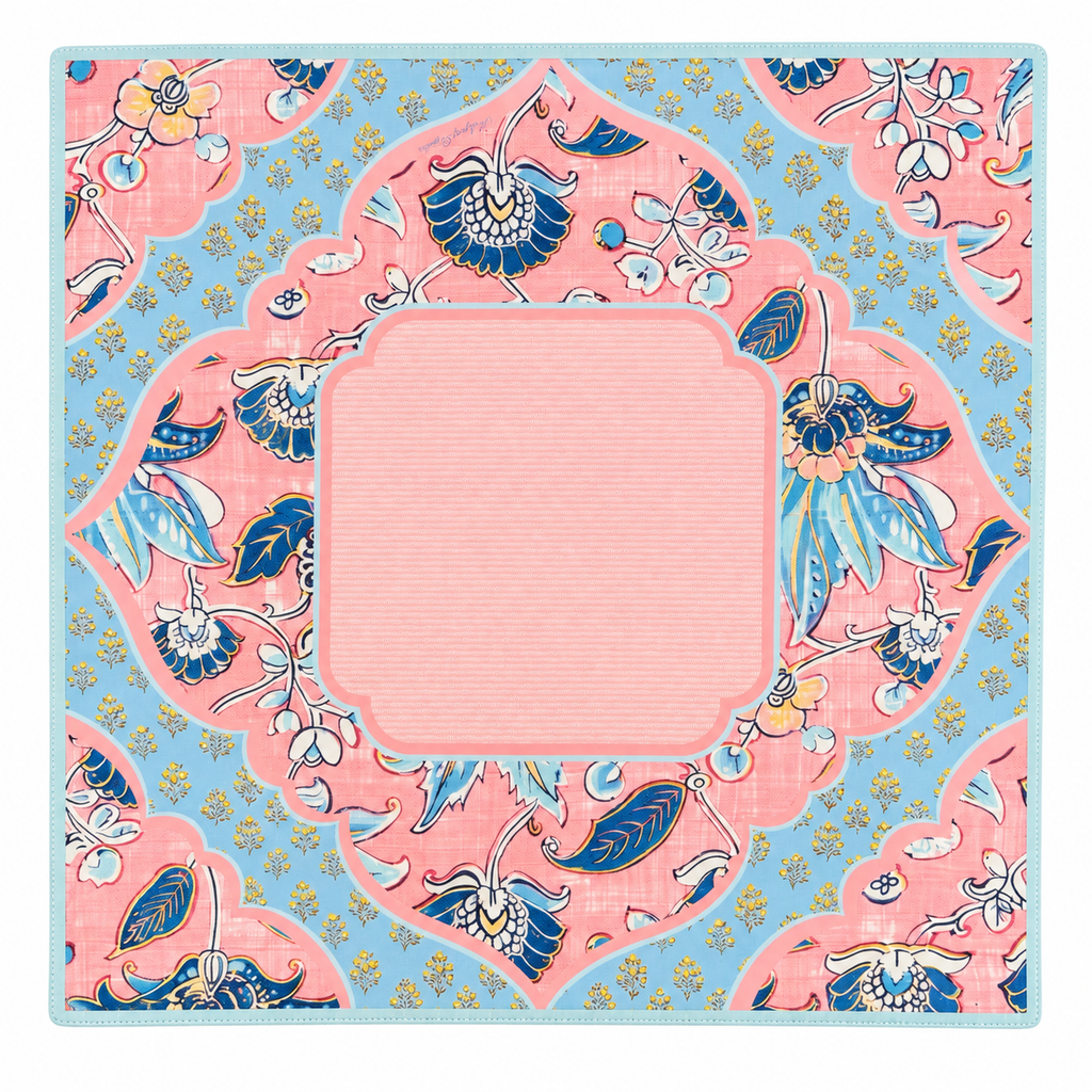 A leather mahjong mat with a pink, navy, blue, and yellow.