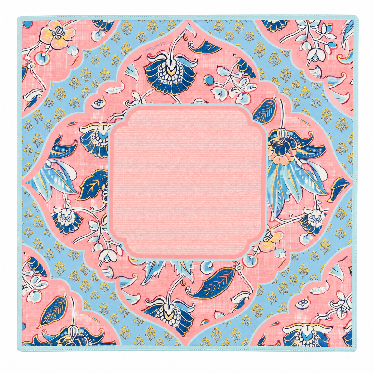 A leather mahjong mat with a pink, navy, blue, and yellow.