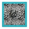 A square mahjong mat featuring black and white leopard print pattern in the center, surrounded by a solid turquoise blue border on a white background.