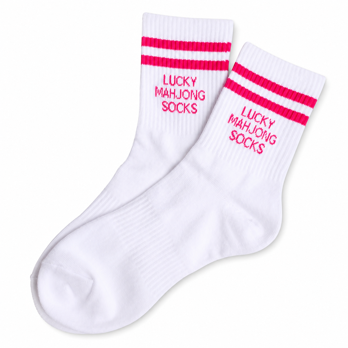 A pair of white athletic crew socks with pink stripes near the cuff and the words 'LUCKY MAHJONG SOCKS' printed in pink on the front, shown on a plain white background.