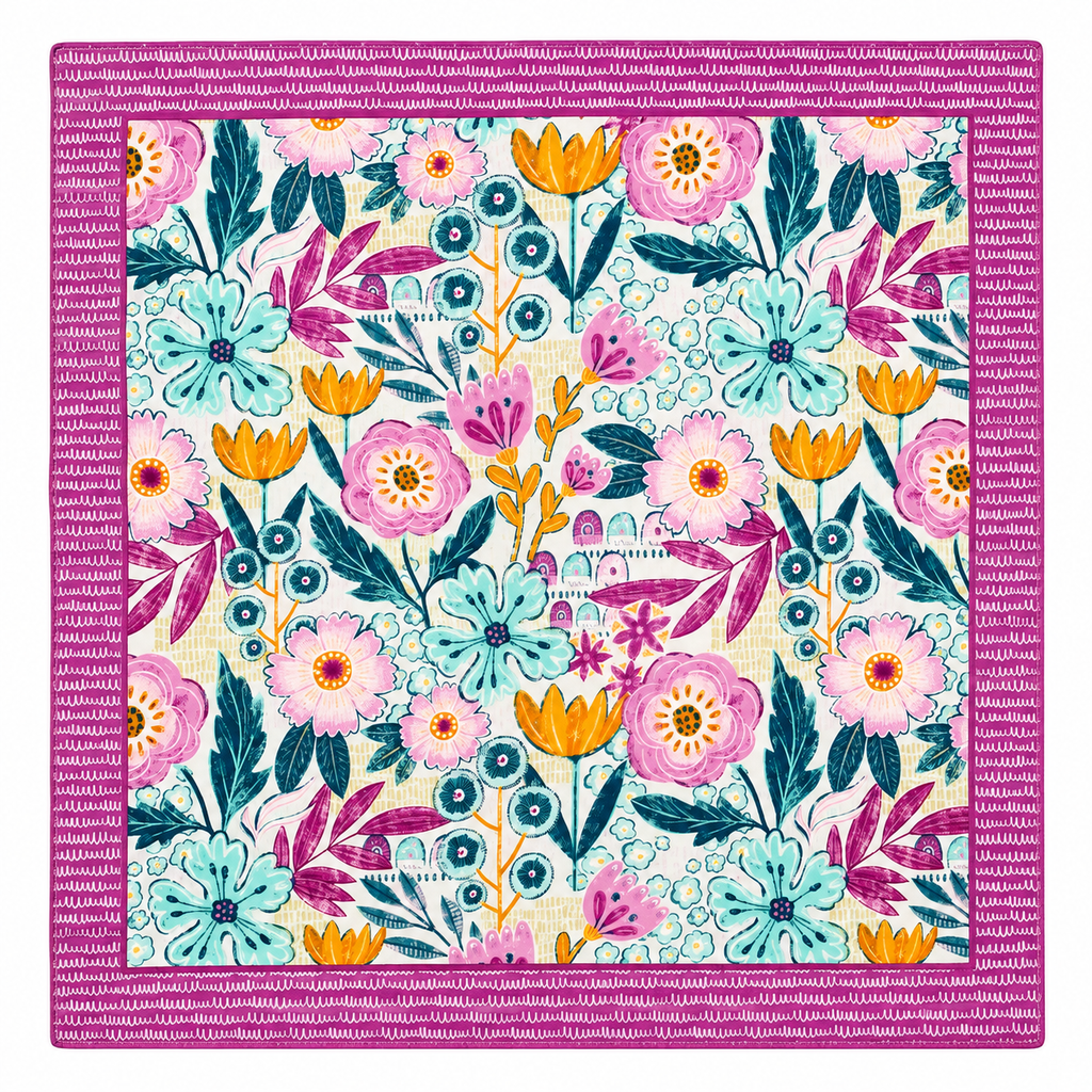 A square decorative mahjong mat featuring a colorful floral print with a thick magenta border, shown flat against a plain white background.