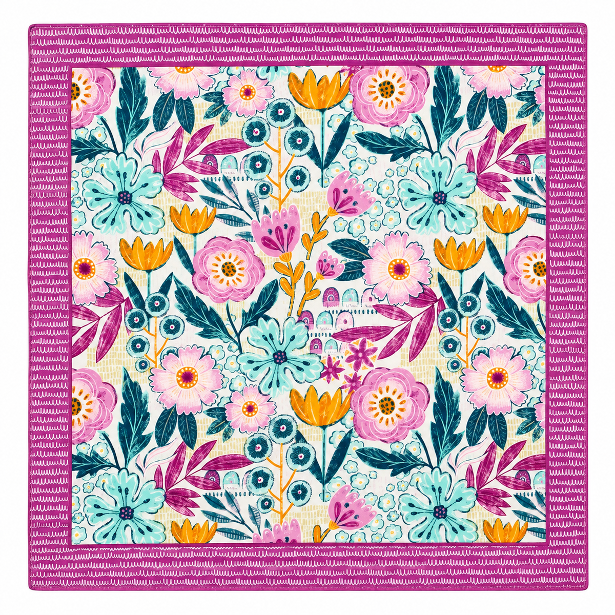A square decorative mahjong mat featuring a colorful floral print with a thick magenta border, shown flat against a plain white background.