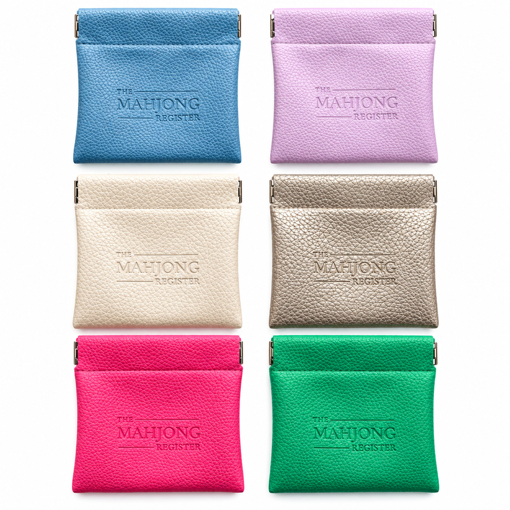 Six small textured leather card holders or wallet-style pouches arranged in a 2x3 grid on a white background. The top row includes blue and lavender, and the bottom row includes cream, metallic gold, bright pink, and green.