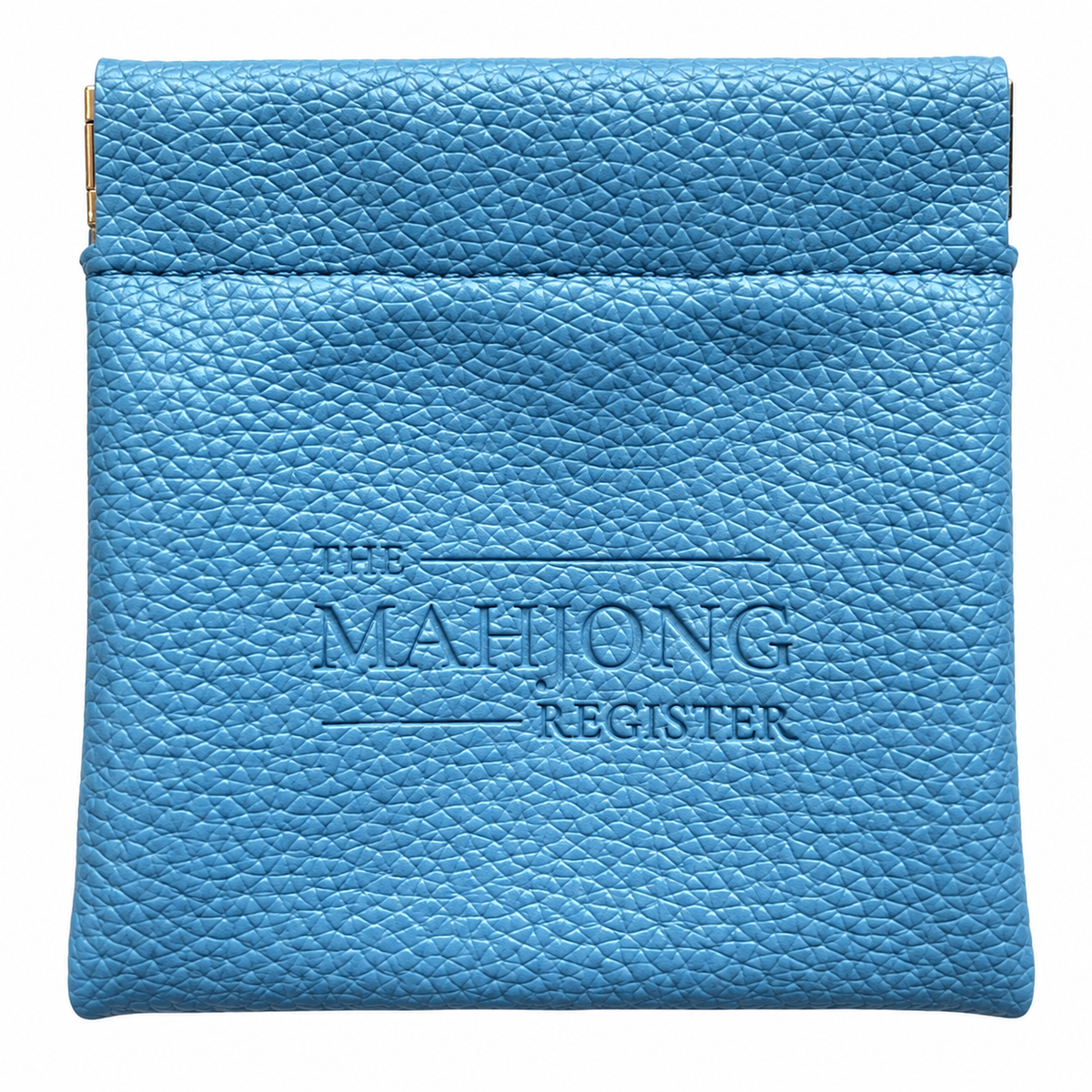 A light blue textured leather mahjong register with gold-toned metal snap closures on the sides and debossed 'THE MAHJONG REGISTER' text on the front, shown against a plain white background.