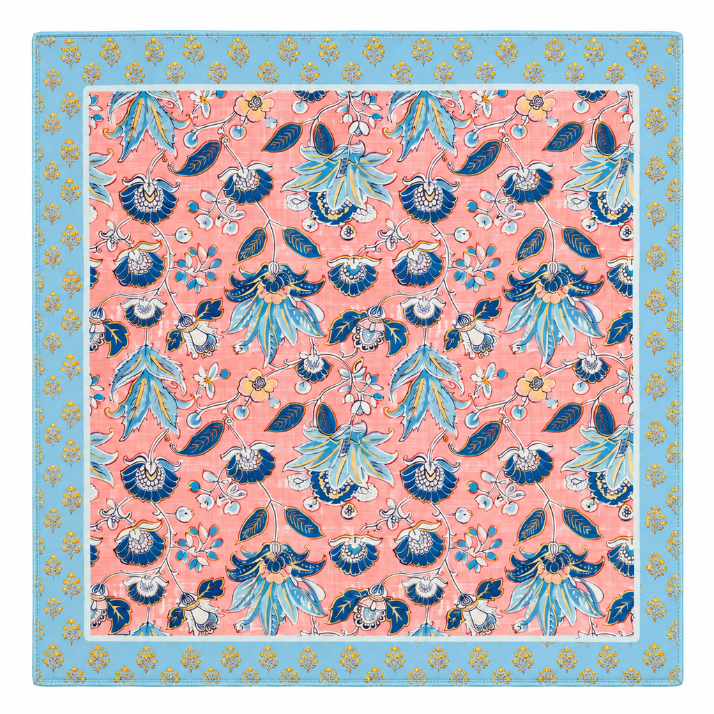 A leather mahjong mat with a pink, navy, blue, and yellow.