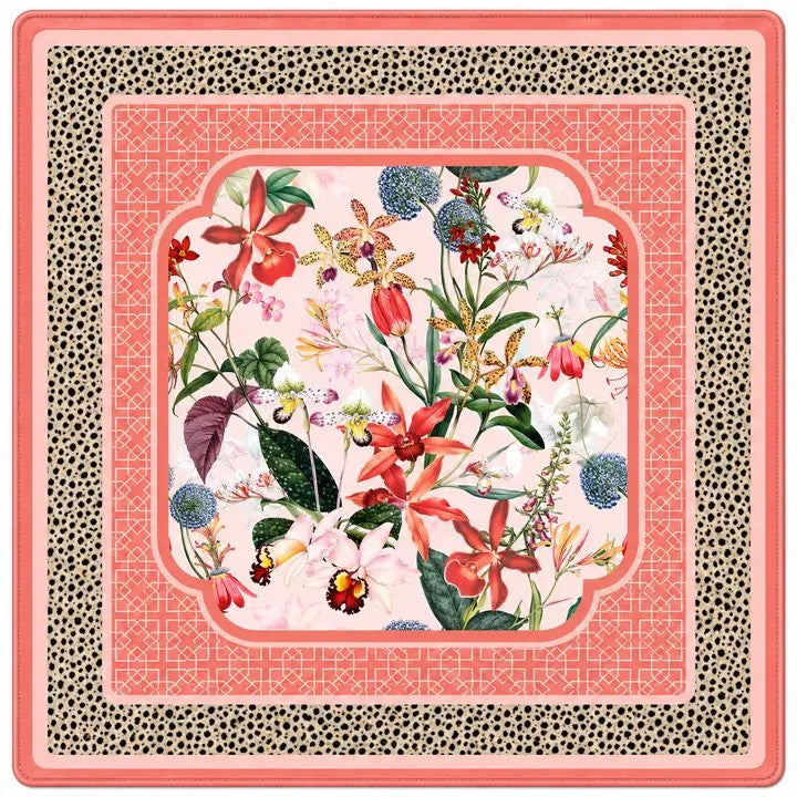 A mahjong mat featuring vibrant floral print in the center, surrounded by a coral pink patterned border and a black-and-beige leopard print outer border, shown flat against a white background.
