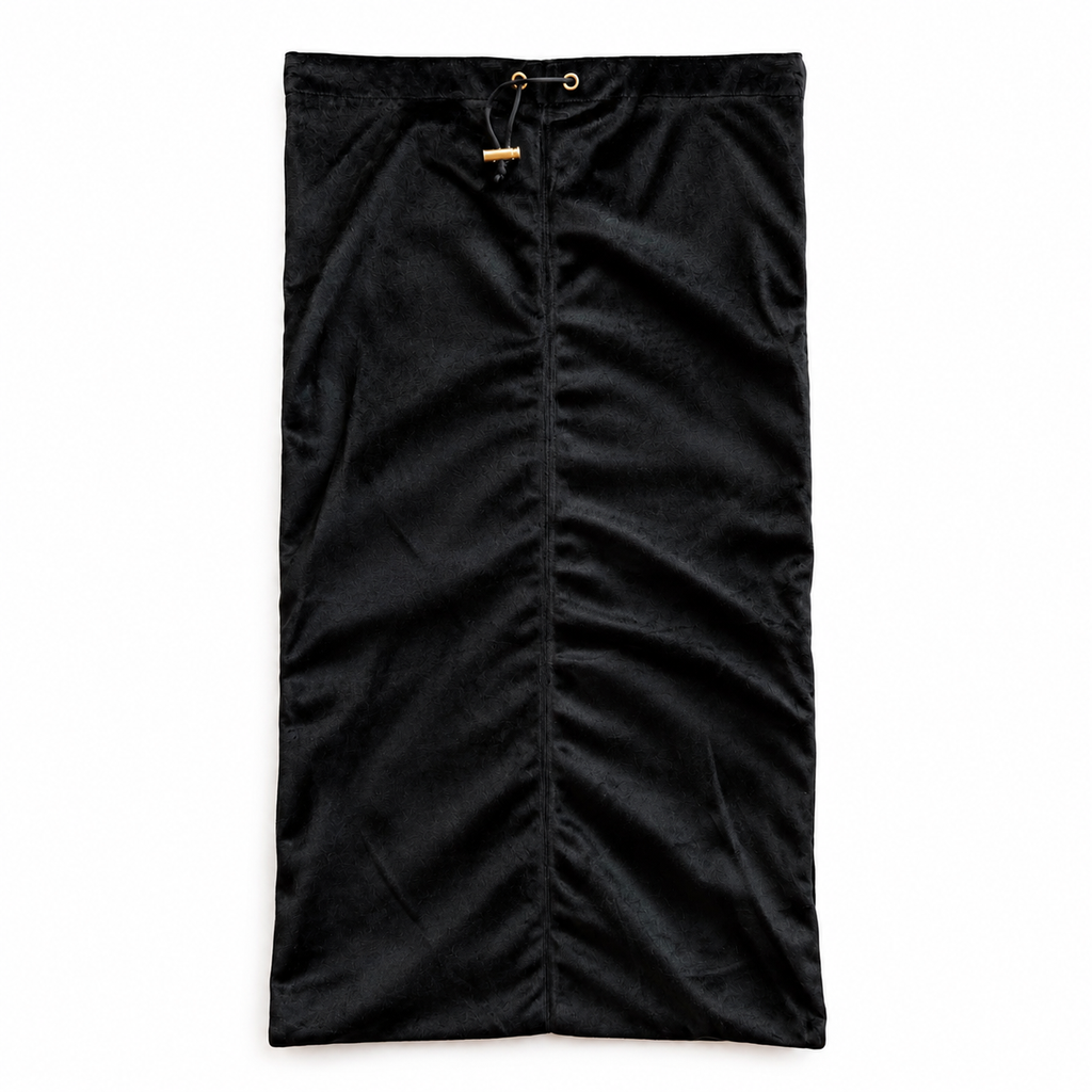 A black mahjong rack drawstring bag made of velvet, shown flat against a solid white background.