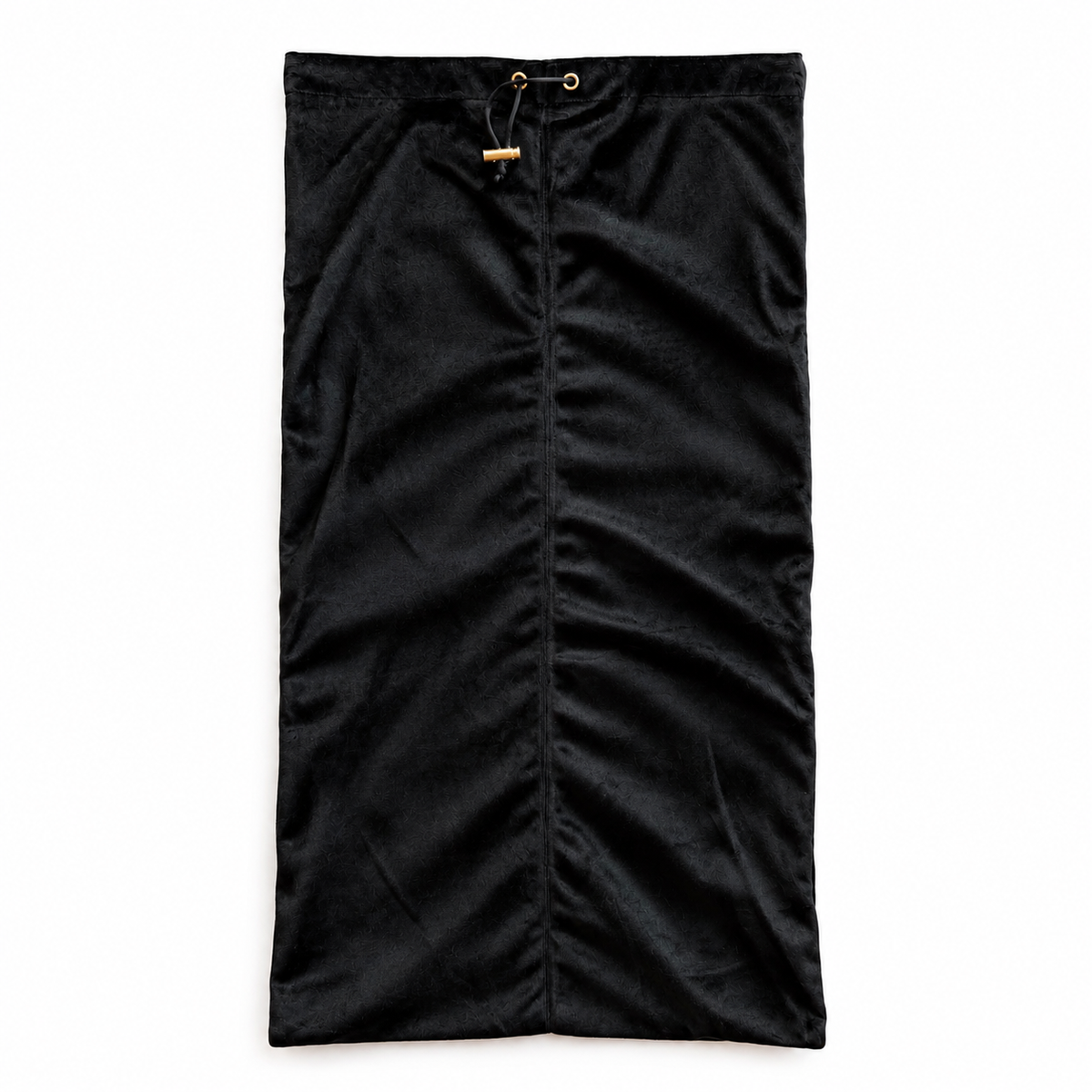 A black mahjong rack drawstring bag made of velvet, shown flat against a solid white background.