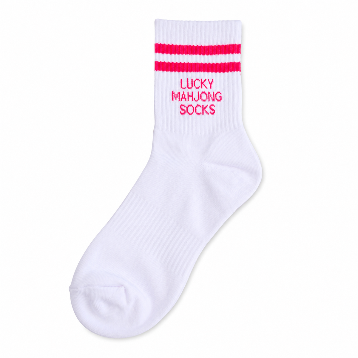 A single white crew sock with two bright pink stripes near the cuff and pink text reading 'LUCKY MAHJONG SOCKS' on a clean white background.