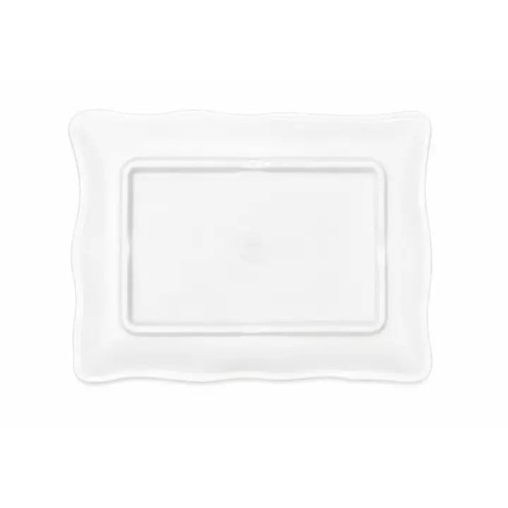The backside of a white rectangular melamine serving platter with a wavy scalloped rim, shown from a top-down view on a white background.