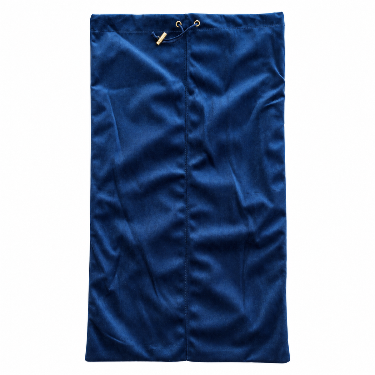 A navy blue mahjong rack drawstring bag made of velvet, shown flat against a solid white background.