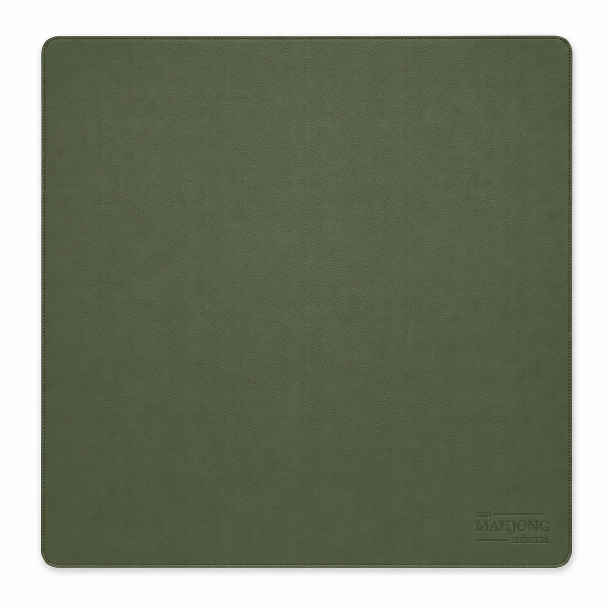 A square olive green mahjong mat with rounded corners and a small debossed logo in the bottom right corner reading 'The Mahjong register'.  This mat is double sided with navy on the other side.