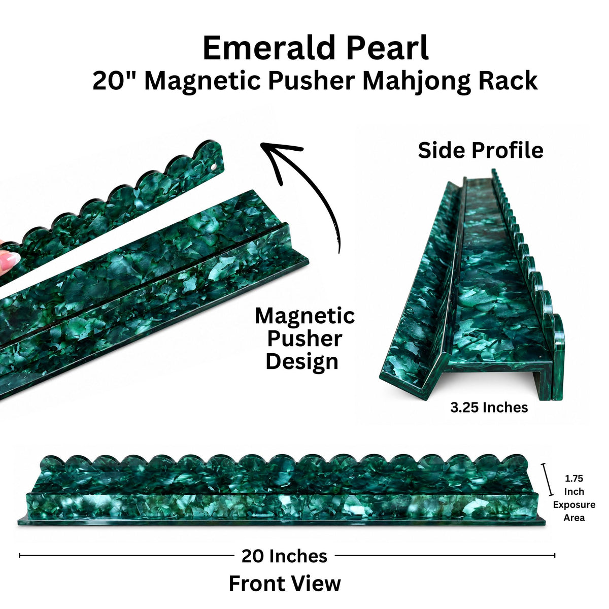 A product diagram for a 20-inch Emerald Pearl magnetic pusher mahjong rack, showing front, side profile, and magnetic pusher detail views with dimensions and text labels.