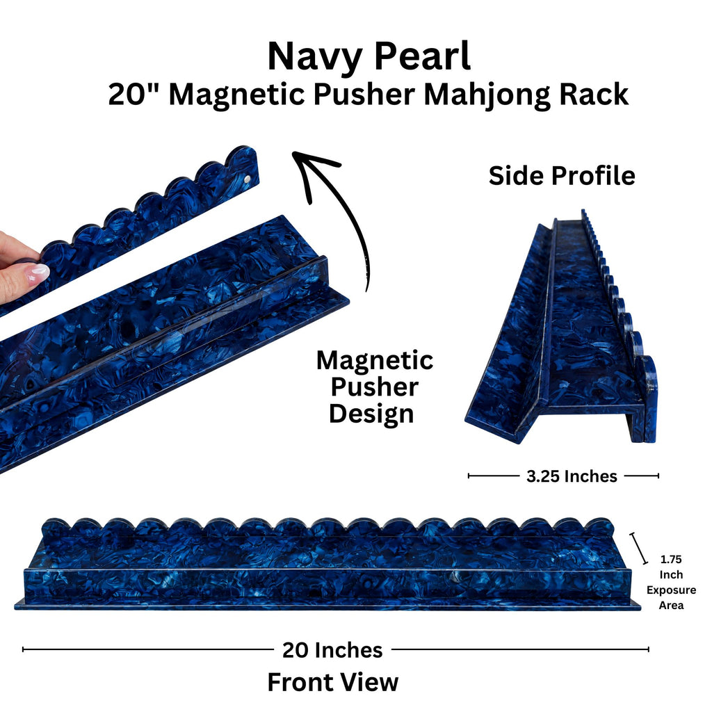 Navy Pearl 20-inch magnetic pusher mahjong rack shown in multiple views with dimensions and a hand holding one end to demonstrate the magnetic pusher feature.
