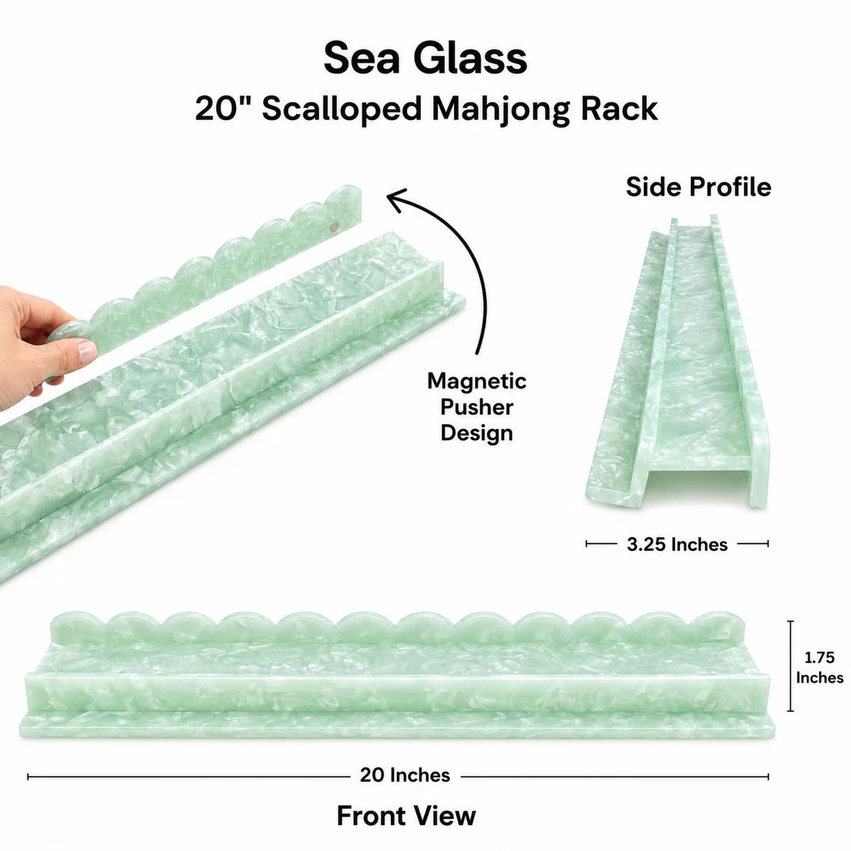 A 20-inch scalloped mahjong rack made of translucent sea glass in a pale green marbled pattern, shown with labeled front, side profile, and dimension views on a white background.