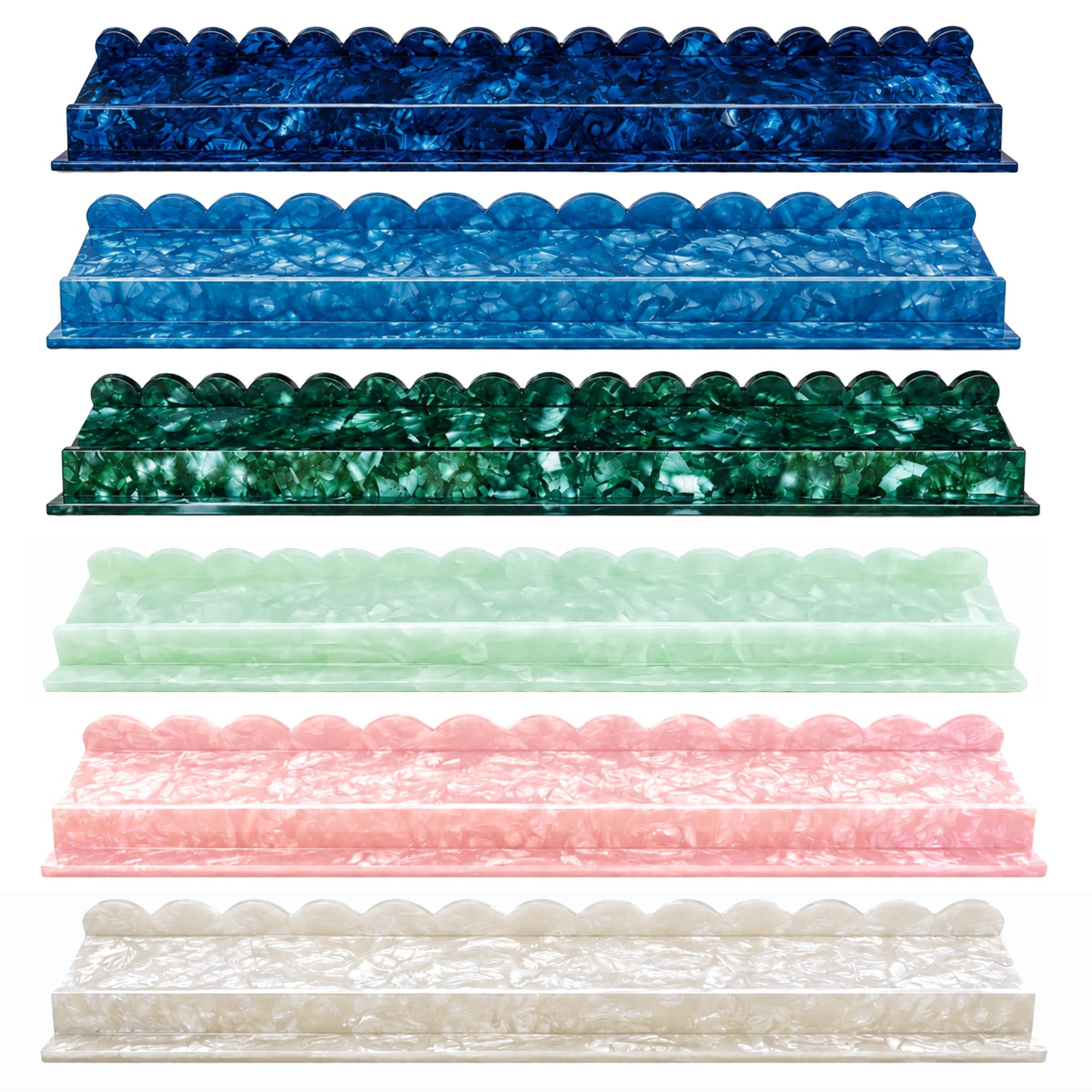 Made from thick, heavyweight acrylic, these aren't the lightweight, flimsy racks you'll find elsewhere. Each 20-inch rack has a substantial feel, scalloped edge, and comfortably holds a full American Mahjong hand while keeping tiles secure.
These racks are magnetic and have a scalloped edge detail.