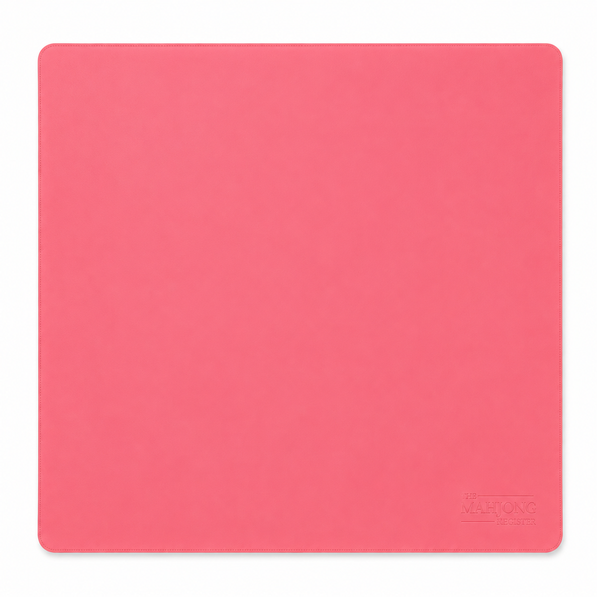 A Leatherette mahjong mat with that is pink on one side and purple on the other side.  This mahjong mat has rounded corners, featuring a debossed logo in the bottom right corner, shown on a plain white background.