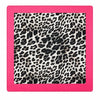 A square mahjong mat with a bright hot pink border and a central leopard print pattern featuring black, brown, and beige spots on a white background.