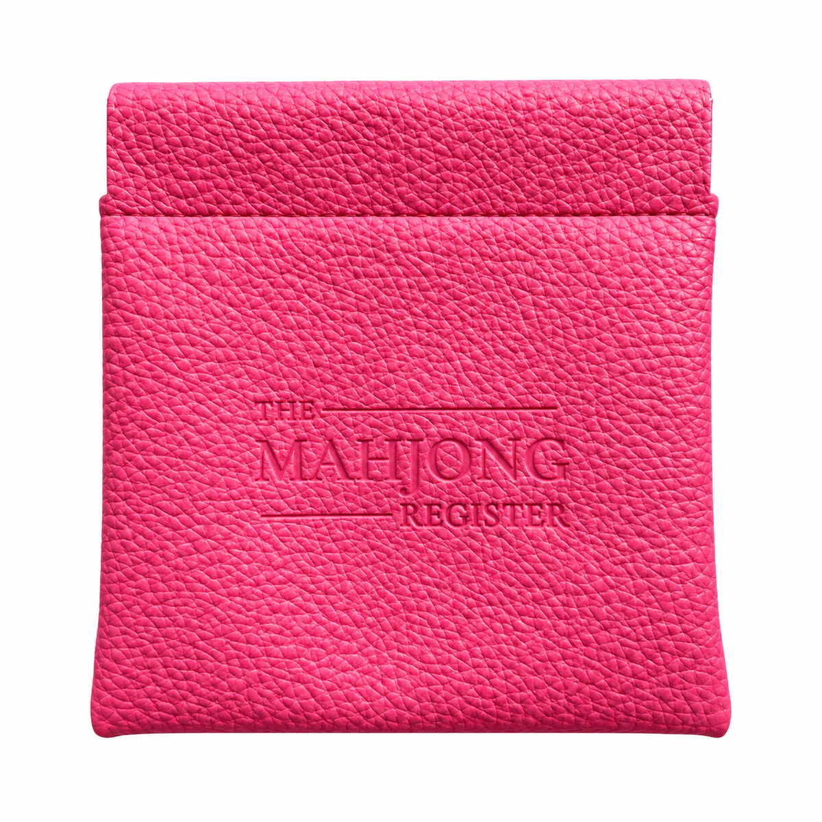 A bright pink textured leather card holder or wallet with 'THE MAHJONG REGISTER' embossed on the front, shown against a plain white background.
