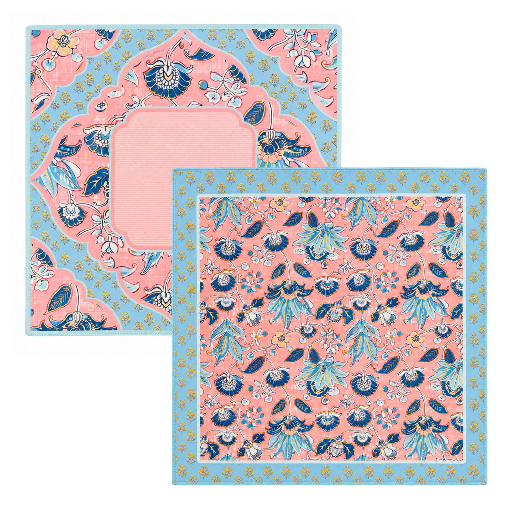 This eye-catching mahjong mat combines soft pink, powder blue, sunny yellow, and rich navy in a beautiful botanical print.